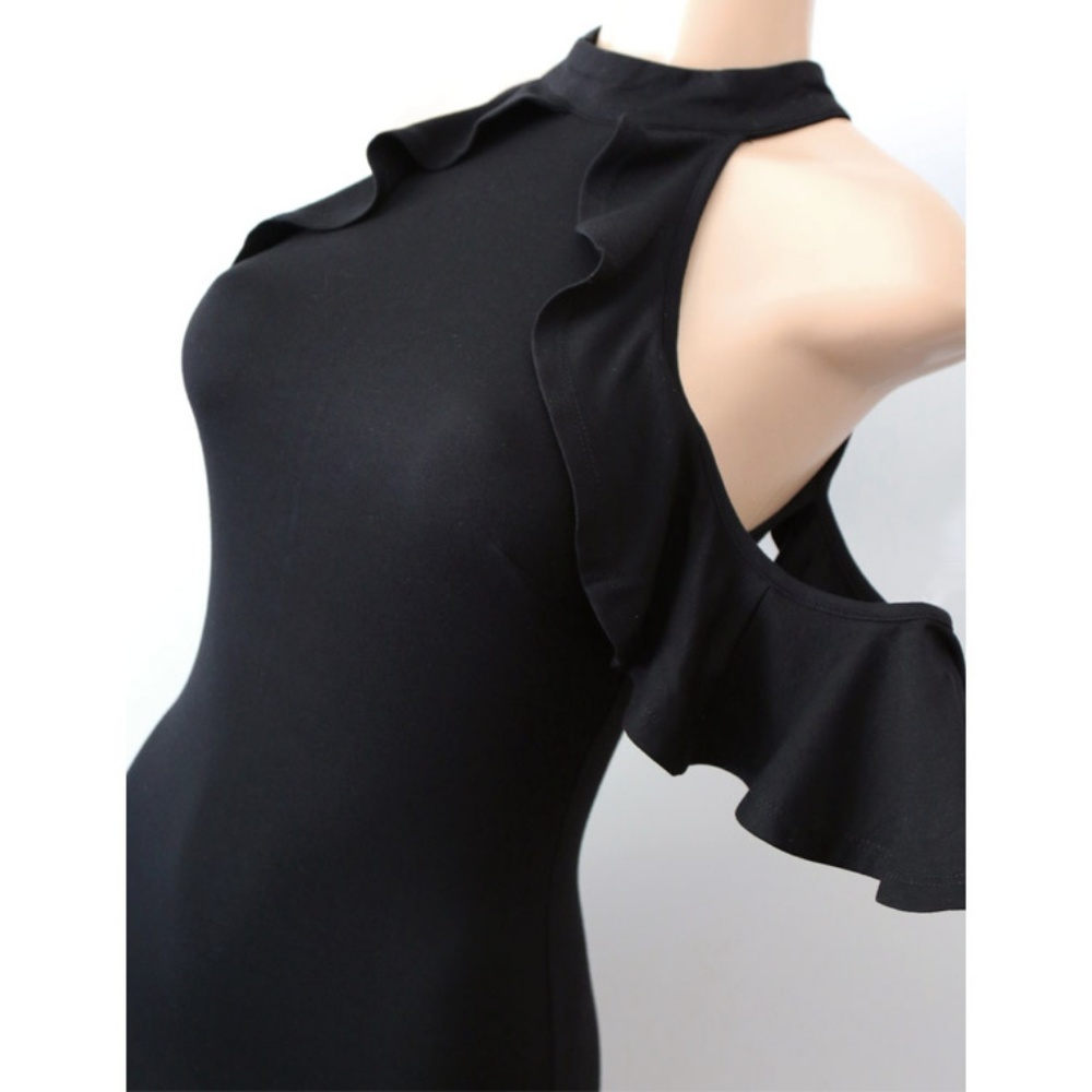 Black Mock Neck Ruffle Cold Shoulder Bodycon Dress - Picture 3 of 8